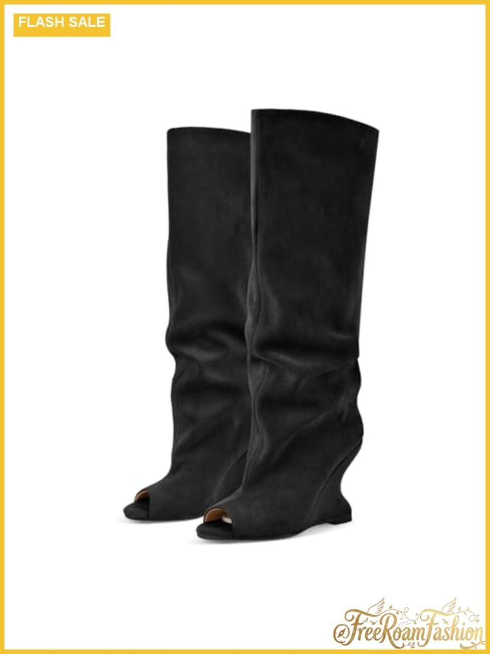 Womens Faux Suede Peep Toe Knee High Wedge Boots Slouchy Pull On 10cm Heel